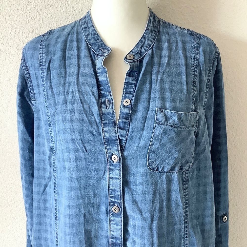 Chambray Shirtdress M Roll-Tab Sleeve Gingham Check Coastal Preppy Tomato Girl - Picture 4 of 12